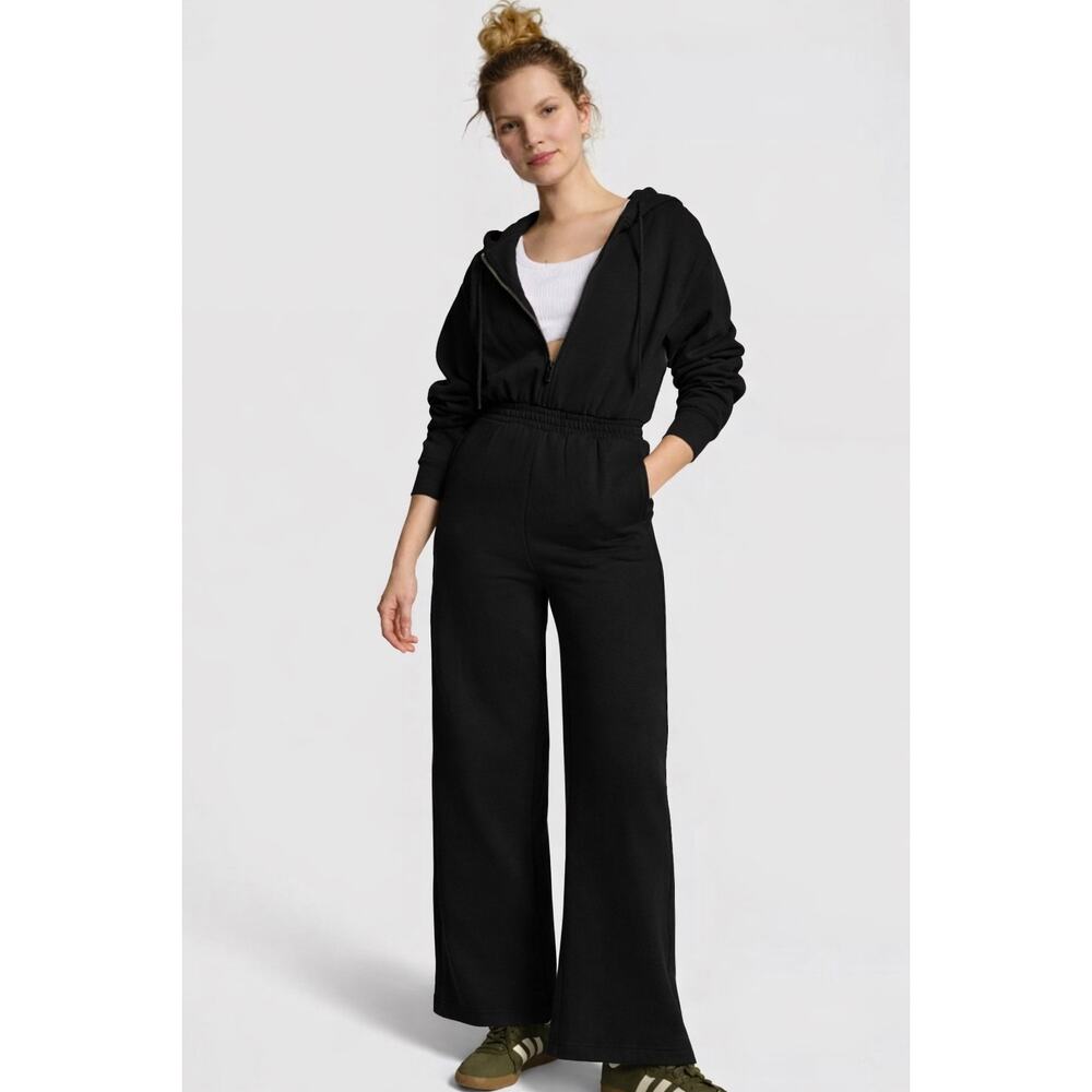 PINK Victoria's Secret Wide Leg Hooded Longsleeve Jumpsuit Black XS Athletic